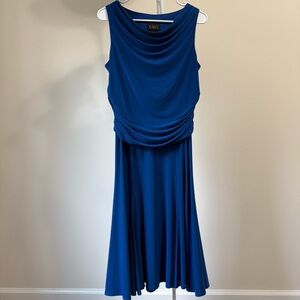 IMAN Cobalt Blue Draped Midi Dress S Sculptural Ruching Liquid Luxe 2026 Trend